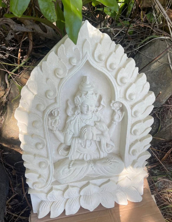 Pōhaku Goddess — "Sacred Flame" | Hand-Carved Limestone Goddess Relief Panel with Lotus Mandorla
