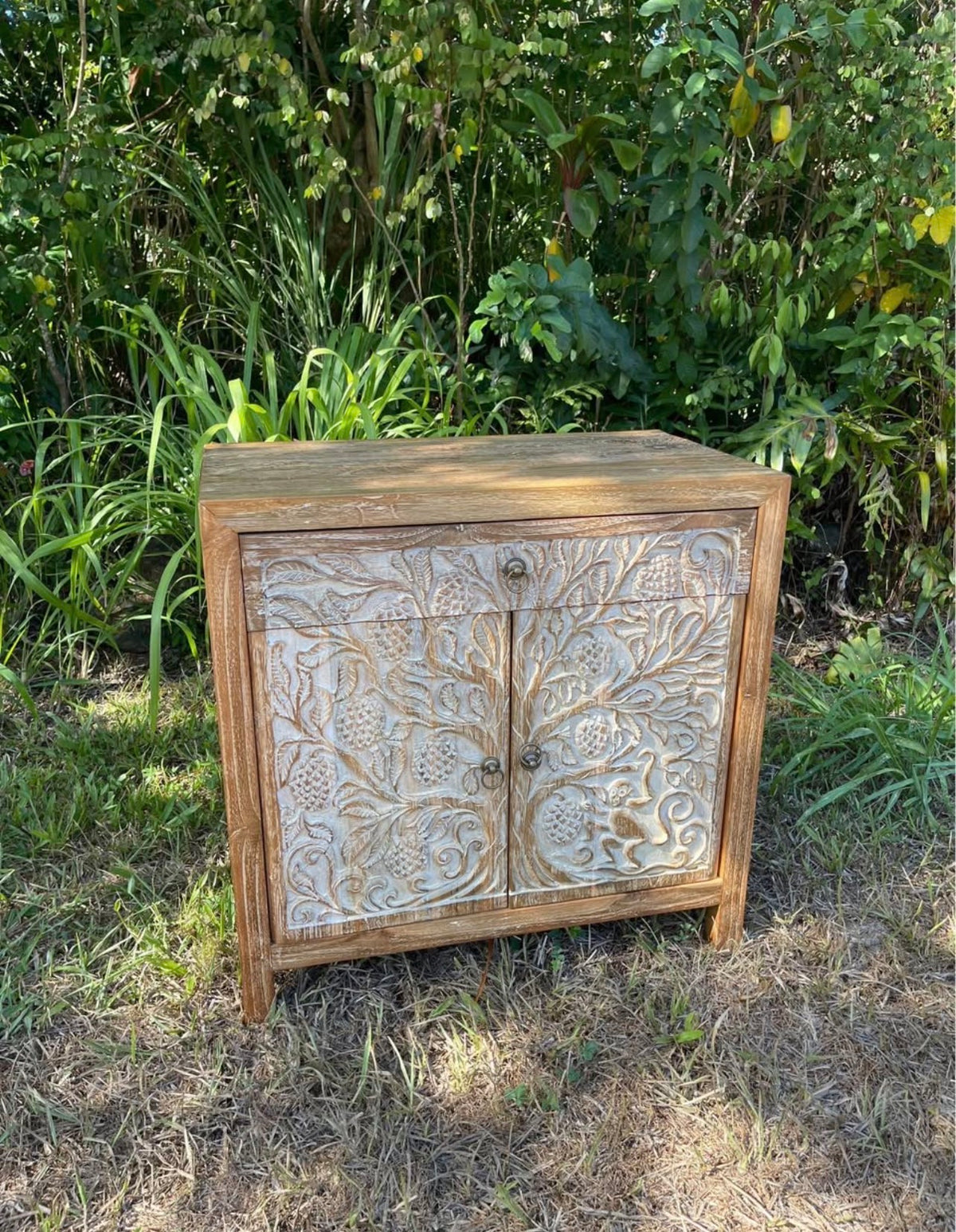 Hand-Carved Teak Cabinet — Durian Tree & Monkey Design | Solid Teak with Whitewashed Carved Panels