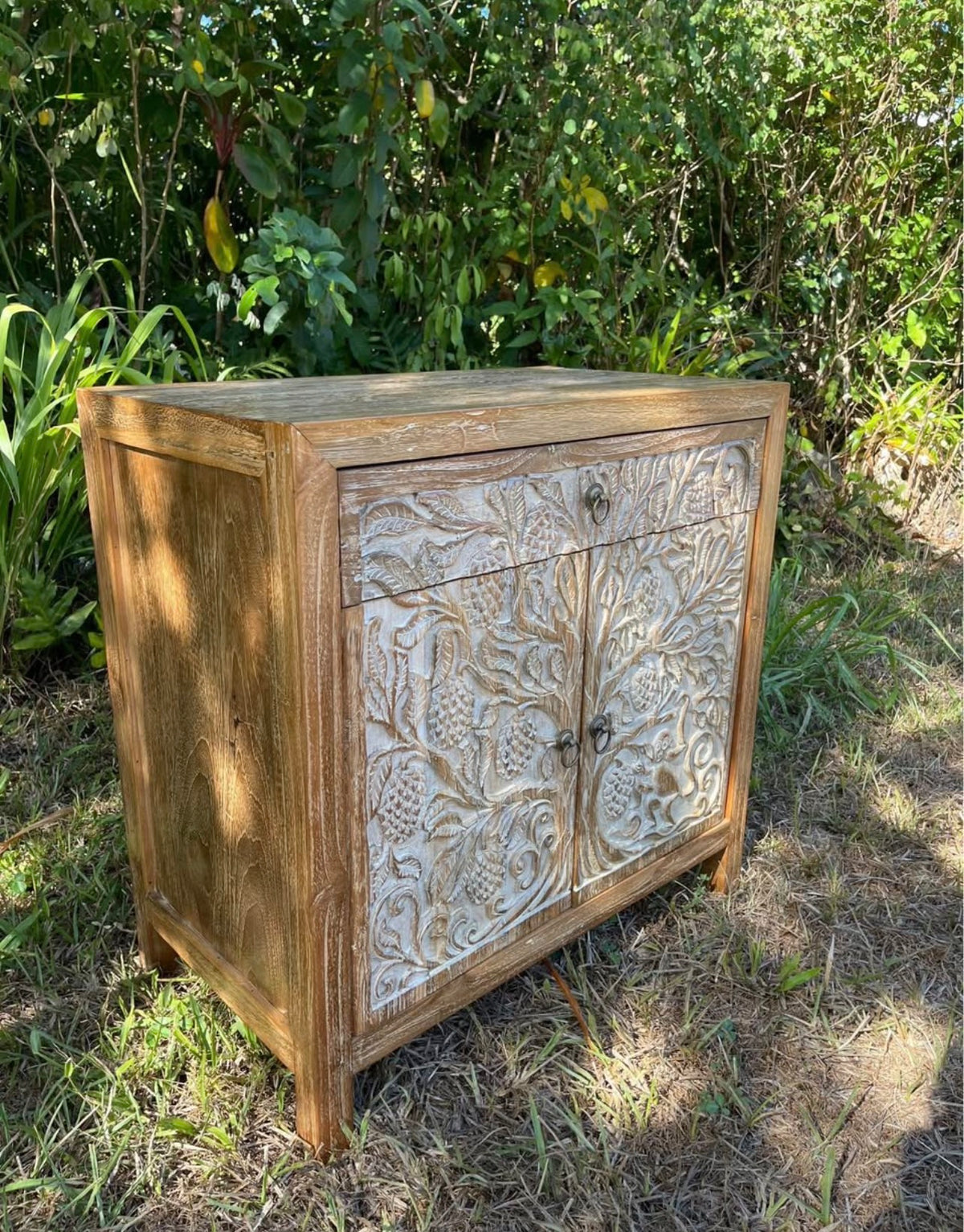 Hand-Carved Teak Cabinet — Durian Tree & Monkey Design | Solid Teak with Whitewashed Carved Panels