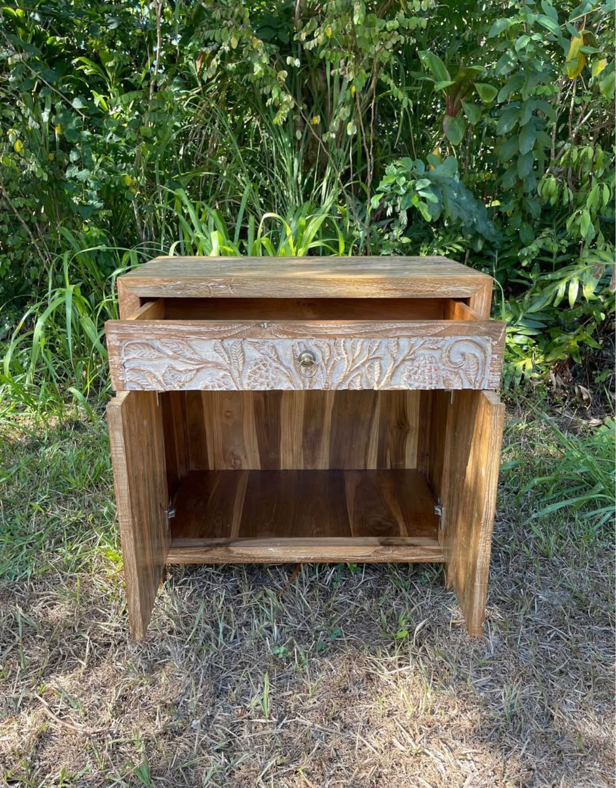 Hand-Carved Teak Cabinet — Durian Tree & Monkey Design | Solid Teak with Whitewashed Carved Panels
