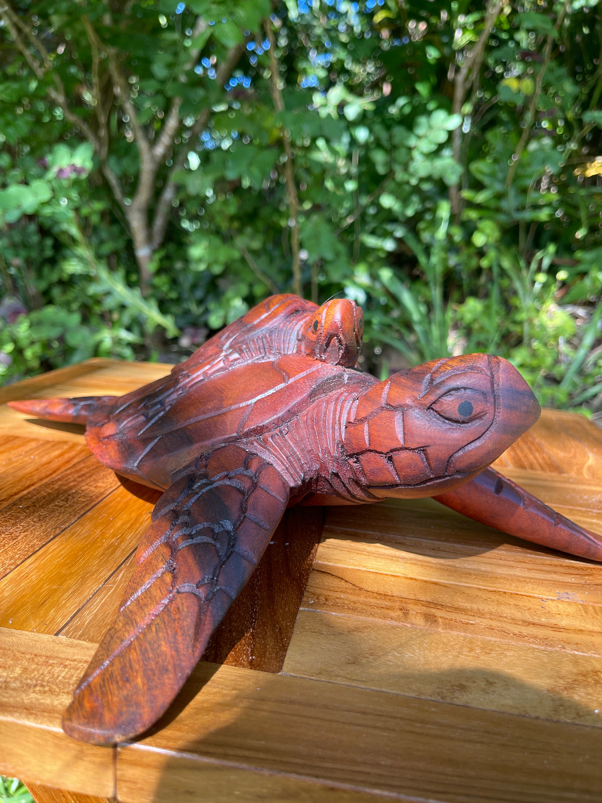 Hand-Carved Sea Turtle with Baby · Monkeypod Wood · 12”