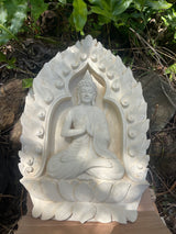 Pōhaku Buddha — "Eternal Light" | Hand-Carved Limestone Buddha Relief Panel with Lotus Mandorla