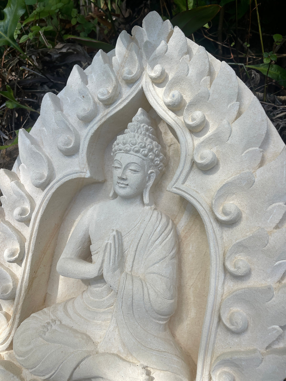 Pōhaku Buddha — "Eternal Light" | Hand-Carved Limestone Buddha Relief Panel with Lotus Mandorla