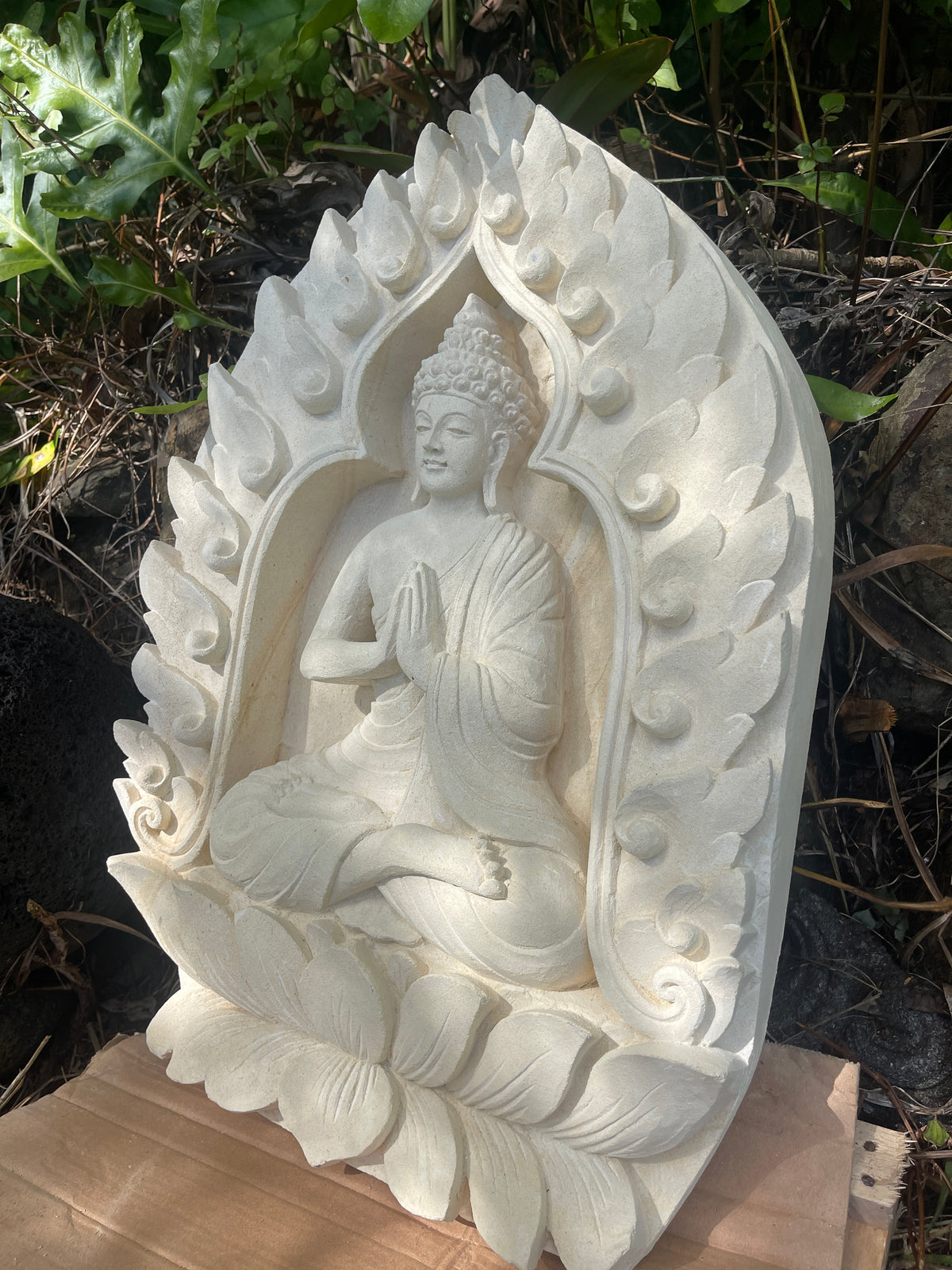Pōhaku Buddha — "Eternal Light" | Hand-Carved Limestone Buddha Relief Panel with Lotus Mandorla