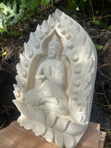 Pōhaku Buddha — "Eternal Light" | Hand-Carved Limestone Buddha Relief Panel with Lotus Mandorla