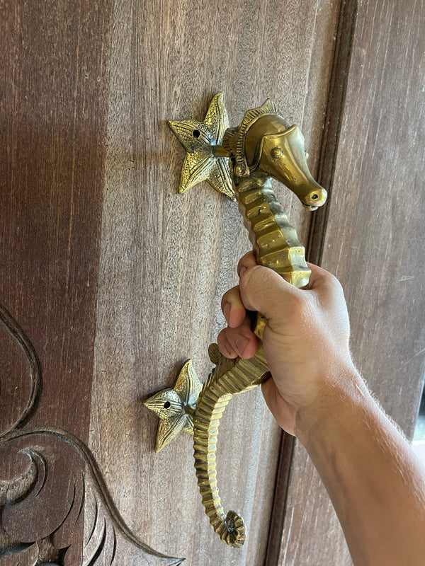 Solid Bronze Seahorse Door Handle · Hand-Cast · Starfish Mounting Plate · 13”